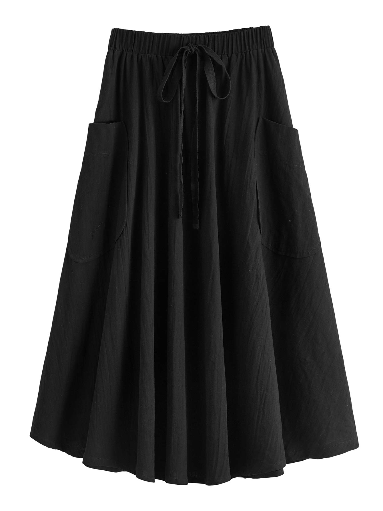 Women's Casual High Waist Pleated A-Line Midi Skirt with Pocket
