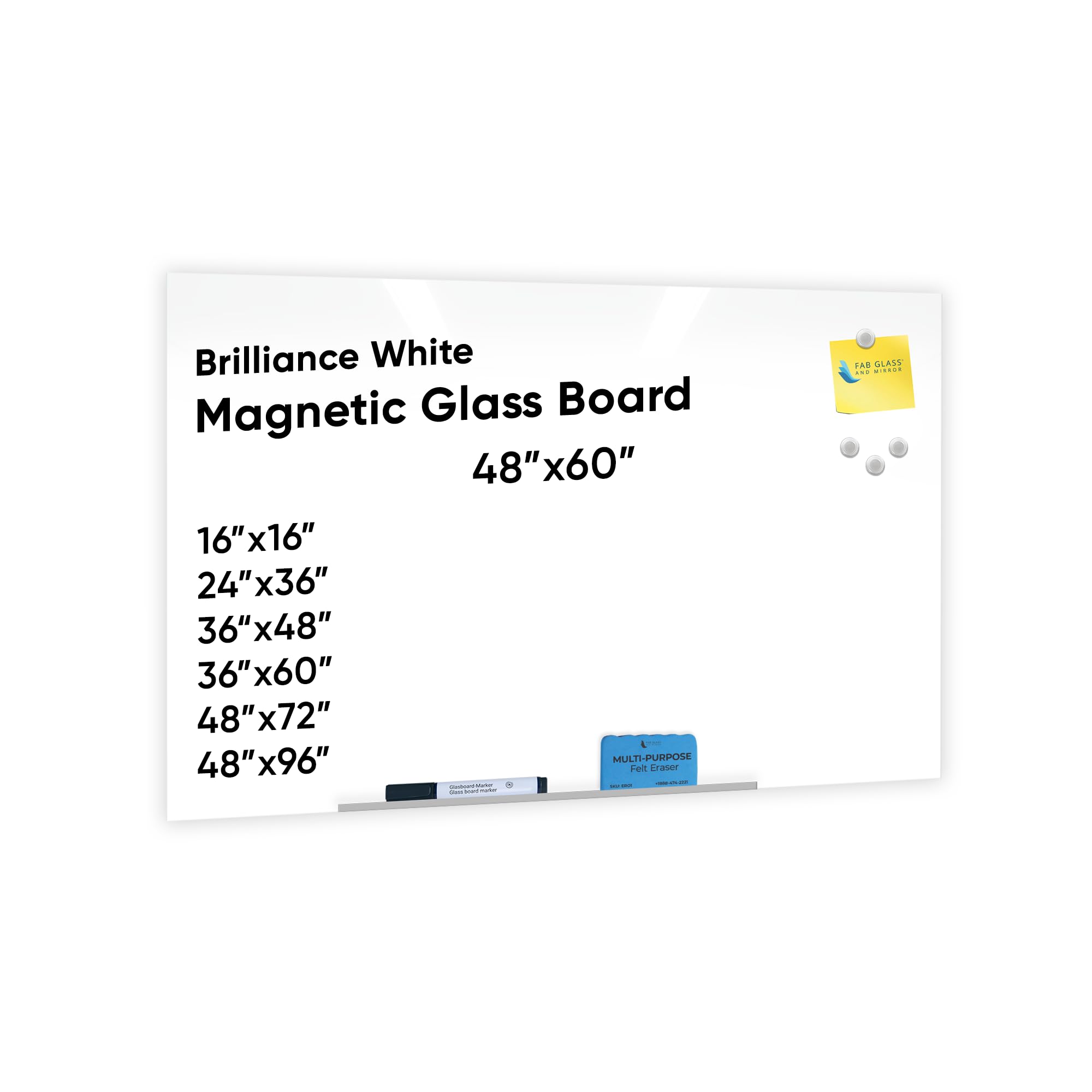 glass dry erase board (48" x 60"), white surface with eased corners, frameless glass board for wall with markers, magnets, eraser by fab glass and mirror