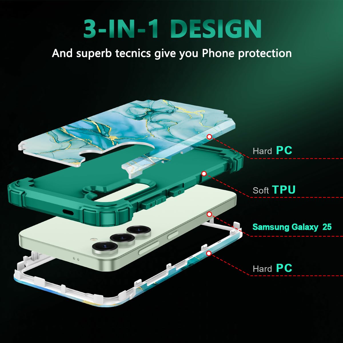 Miqala Custodia per Galaxy S25 5G, a tre strati, resistente, antiurto, protezione completa in plastica rigida+custodia protettiva in silicone morbido per Samsung Galaxy S25 da 6,2 pollici, marmo verde