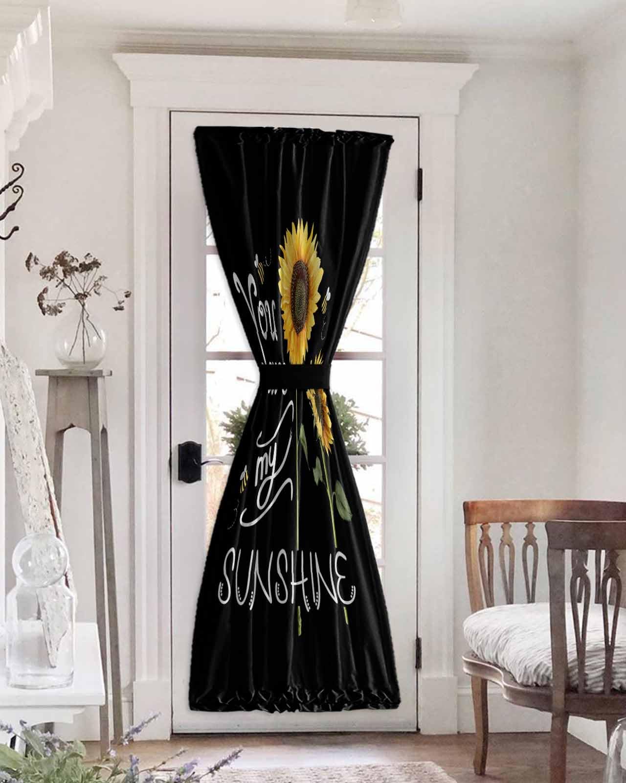 Sunshine Spring Sunflower Black Black Out French Door Curtains for Door Window, Rod Pocket Door Drapery Curtain Panel with Tiebacks for Sidelight