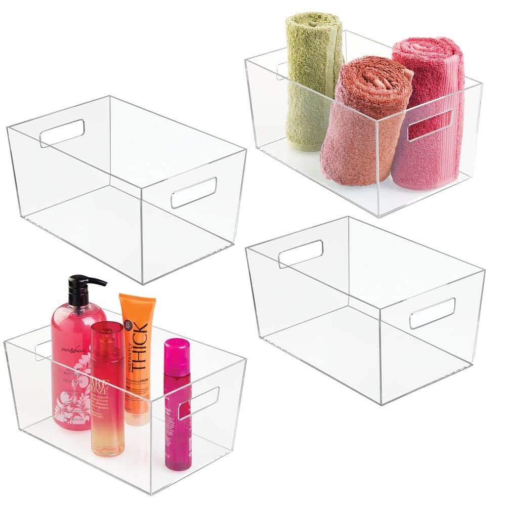 mDesign 4er-Set Ablagebox mit integrierten Griffen – große Aufbewahrungsbox für Make-up, Handtücher, Seifen und Shampoo – ideal zur Kosmetikaufbewahrung im Bad – durchsichtig