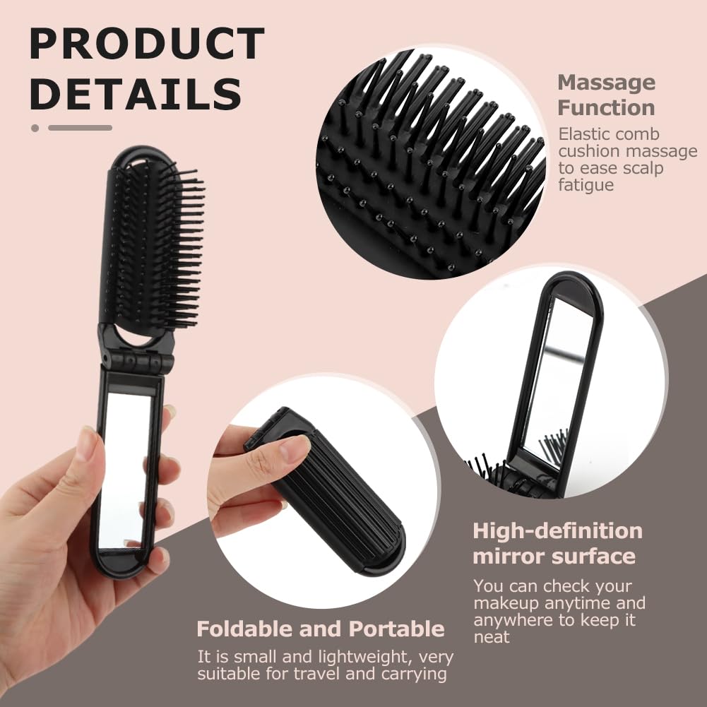 2Pcs Foldable Hair Brush with Mirror, Travel Compact Hair Brush Pocket Size, Portable Massage Comb - Image 3