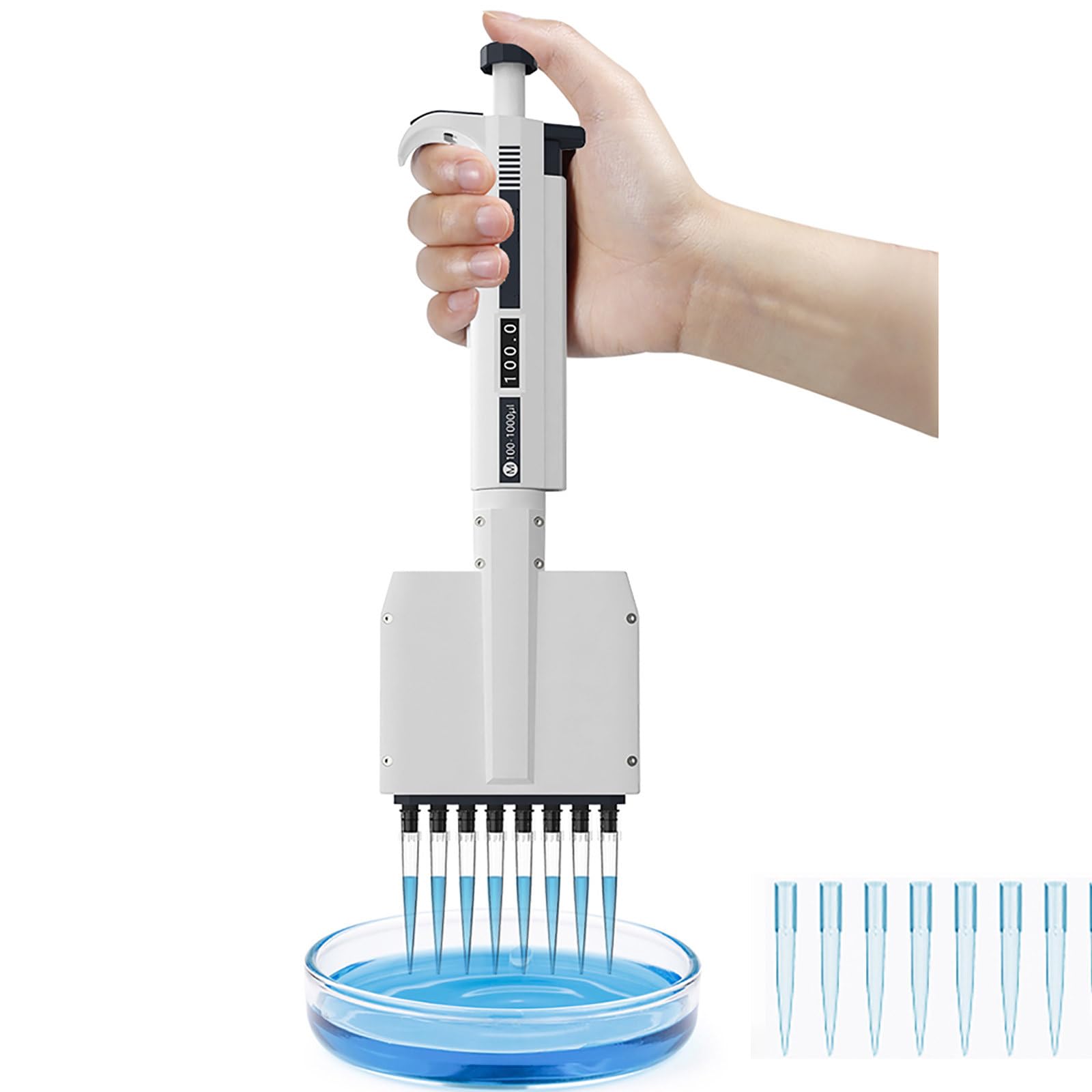 Mikropipette (10–300 μl), 8/12-Kanal-Pipette, Präzision, 360° drehbarer Pipettenkopf/Digitale Volumenanzeige, zum Dispensieren von flüssigen Proben, 8-Kanal-200 μl