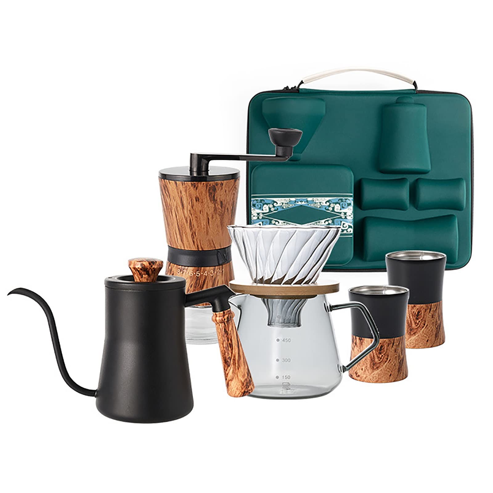 Juego De Regalo De Café De Viaje De 7 Piezas con Hervidor De Cuello De Ganso BáScula Digital Taza De Vidrio De Doble Pared Molinillo Manual Taza De Café De Acero Inoxidable Filtro De Papel para