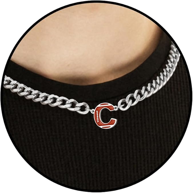 Football Necklaces for Boys Stainless Steel Initial Necklace with Letter A-Z 6.5mm Cuban Chain Gifts for Him Boys Men Teens 16+2 Inches