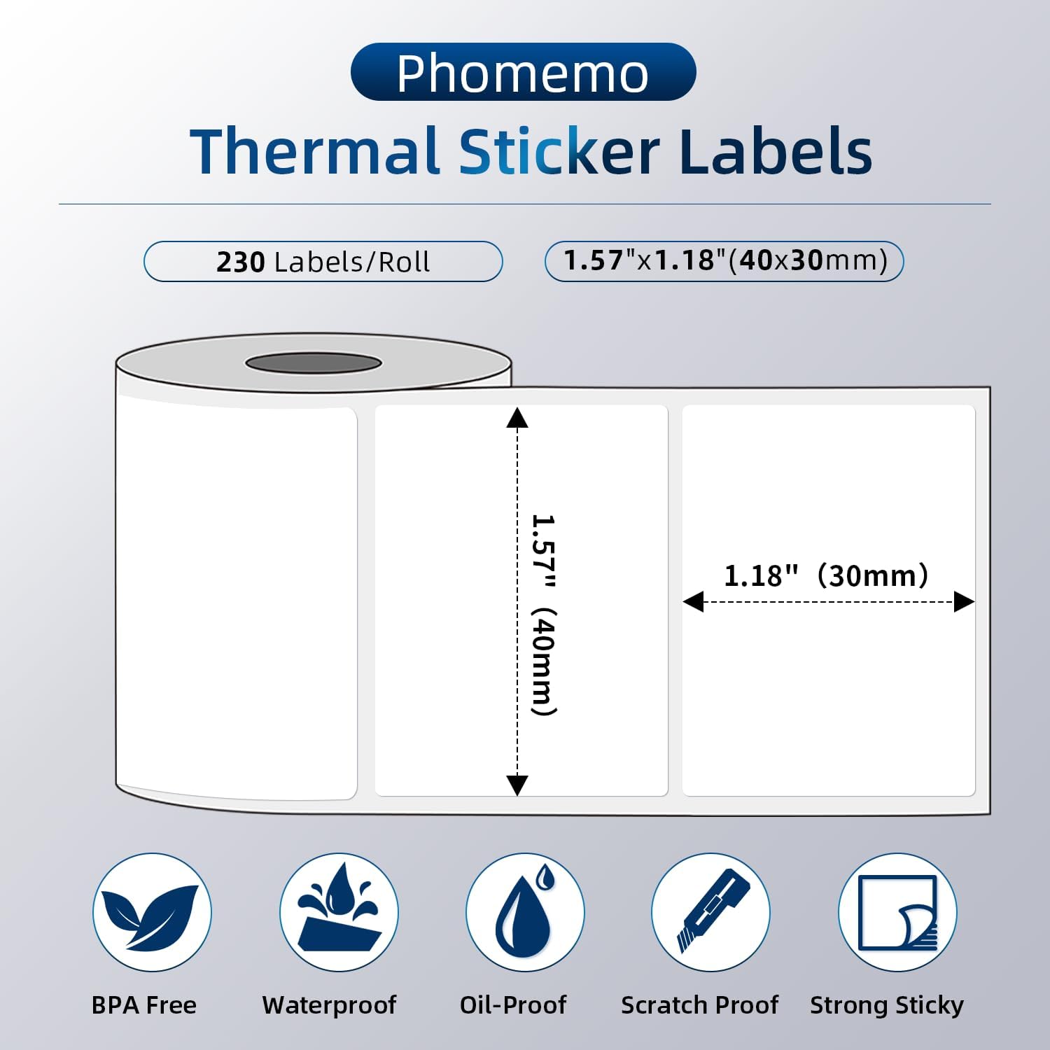 Phomemo Multi-Purpose Self-Adhesive Label for M120/M110/M220/M221/M150/M250 Label Maker,1.57'' x 1.18'' (40x30mm), 230Labels/Roll, for Barcode/Mailing/Logo/Address/Business/Home Tag, Black on White - Image 2