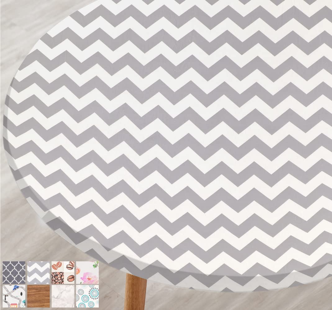 Gorilla Grip Vinyl Round Tablecloth, Fitted Elastic Edge Cover, Fade and Stain Resistant Table Cloths, Spill Proof Linen Covers for Indoor Dining, Outdoor Picnic Parties, Camping, 56" Chevron Gray