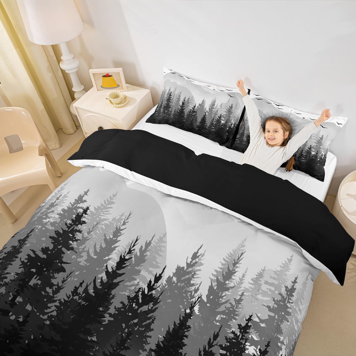 Feelyou Kids Nature Bedding Set Black and White Tree Mountain Duvet Cover Twin Size for Women Men Bedroom Natural Woodland Decor Comforter Cover Set Wild Style Bedspread Cover with 1 Pillow Case