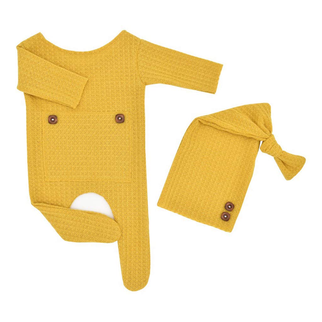 angwang 2 Pcs/Set Baby Hat Romper Newborn Photography Props Knitted Jumpsuit Long Tail Cap Kit Infants Photo Shooting Clothing Outfits Turmeric