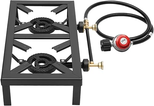 Estufa de gas portátil de doble quemador para exteriores, cocina de propano, 2 quemadores cada uno máximo de 8000 W 0-10 PSI, regulador ajustable de