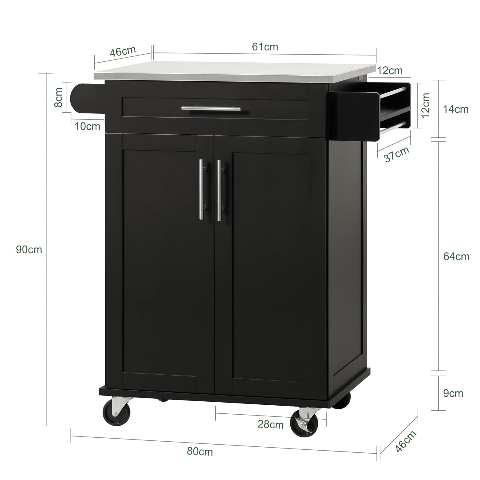 SoBuy Küchenwagen mit Rollen – Küchenwagen mit Arbeitsplatte, Servierwagen, Küchenrollwagen für Küche & Outdoor, Rollwagen Küche mit Schublade und Regal 80×90×46 cm Schwarz FKW110-SCH