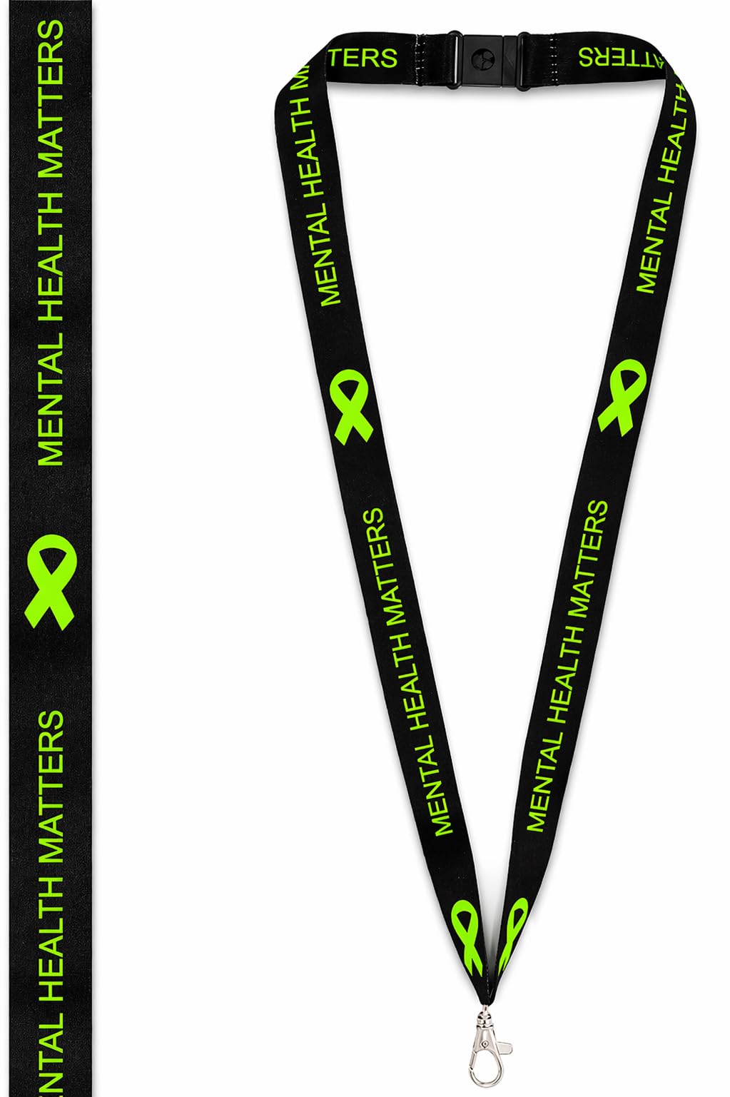 Medical Id Me Unisex Black Mental Health Matters Lanyard – Green Ribbon Design Breakaway Safety Neck Strap With Id Clip Wear Green Awareness, Nhs, Workplace & School Use