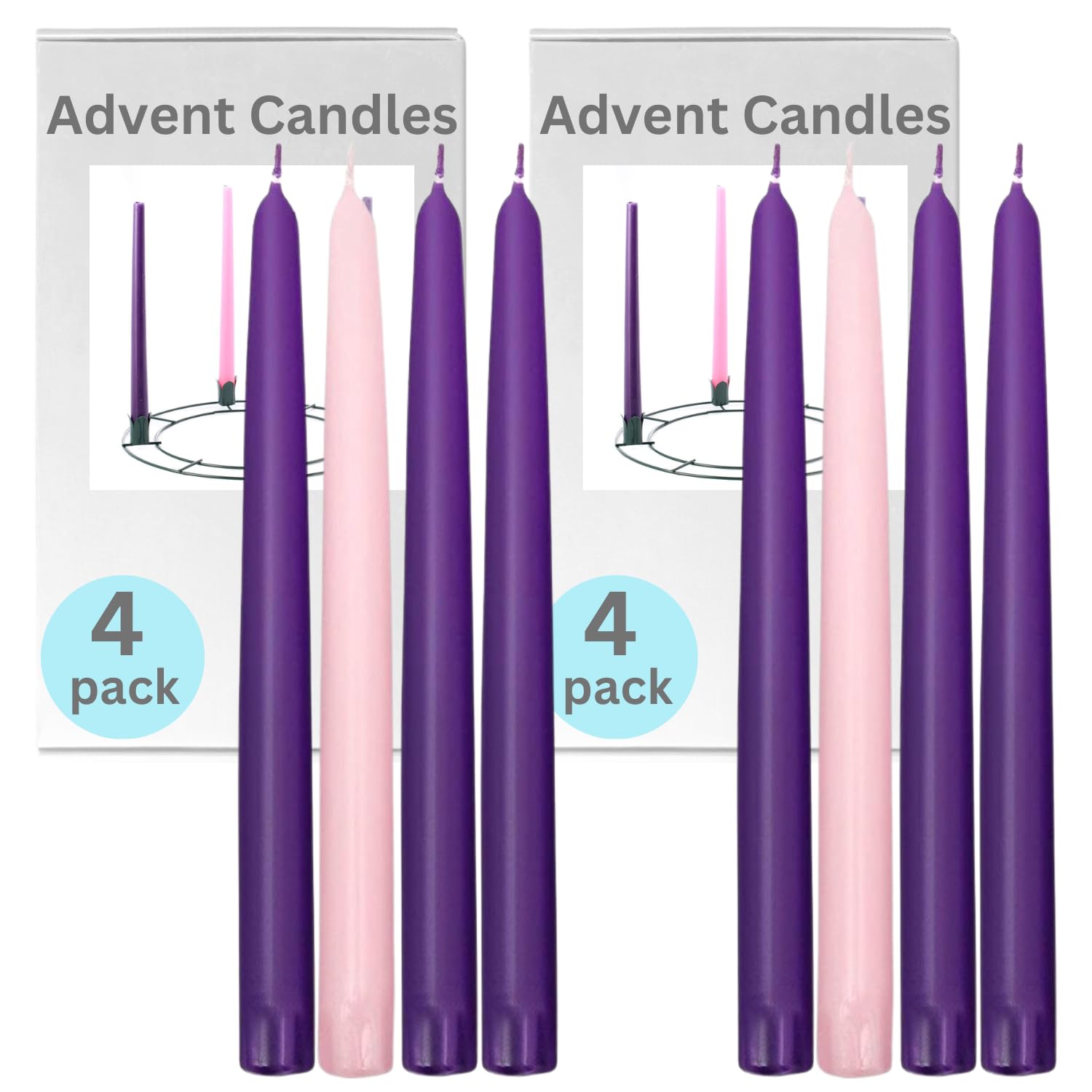 2 Boxes of Traditional Advent Taper Candles for Church and Home Advent Celebrations (2 Sets of 4 Candles)
