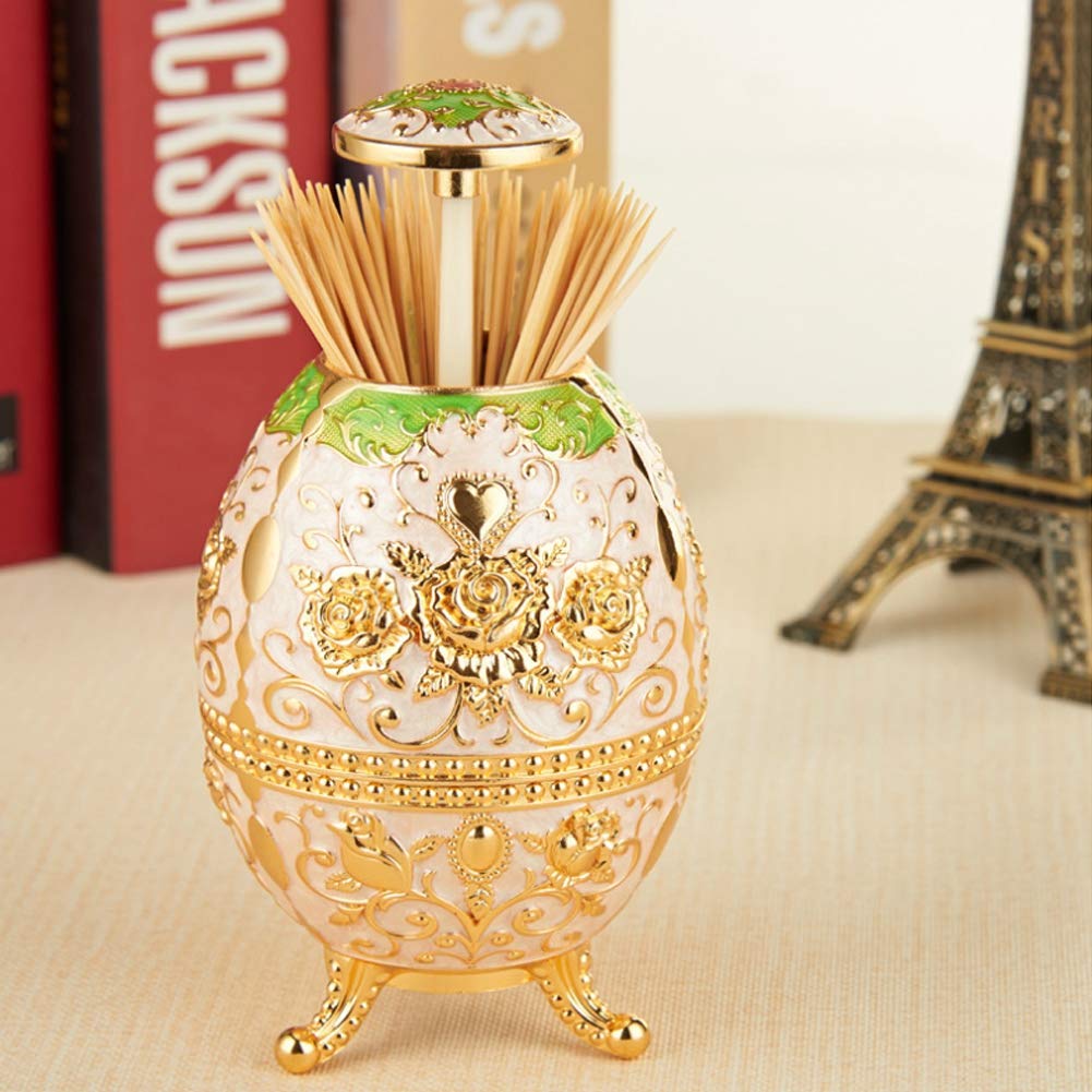 Fdit Automatic Rotating Press Toothpick Holder Box Dispenser 3D Carved Egg -shaped Organizer European Style Decoration for Home Kitchen Hotel (Gold+White)(Gold+White)
