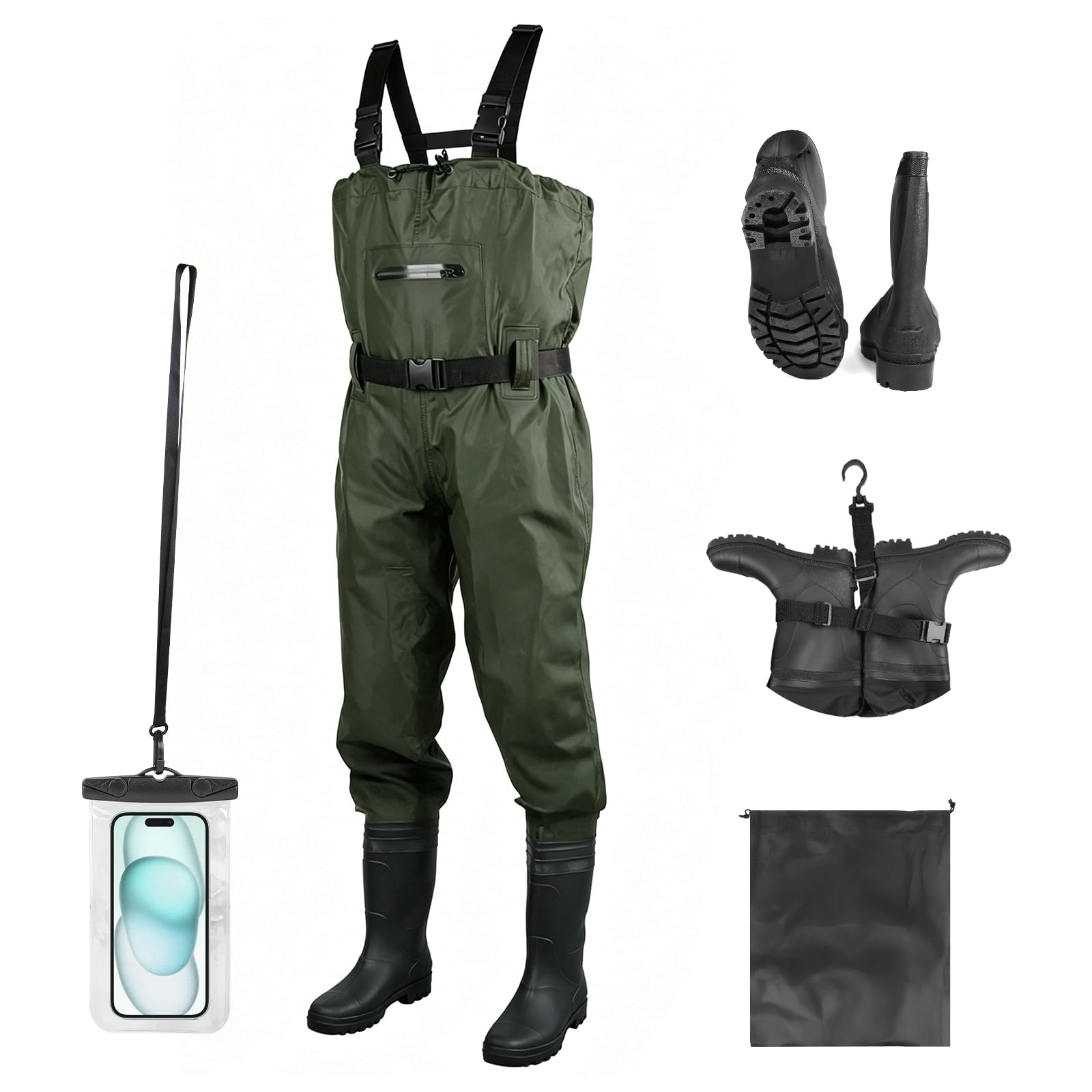 SWAWIS Scafandro da Pesca Waders in Verde Militare Tute Impermeabili Traspiranti Adatte per Cantieri Edili, Adatto a Uomo e Donna 45W