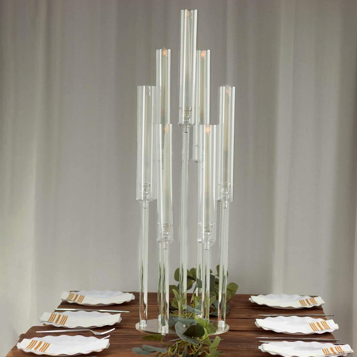 Clear 33 in Round 7 Arm Acrylic Cluster Taper Candle Holder Candelabra - Wedding Reception Party Dining Table Home Decorations