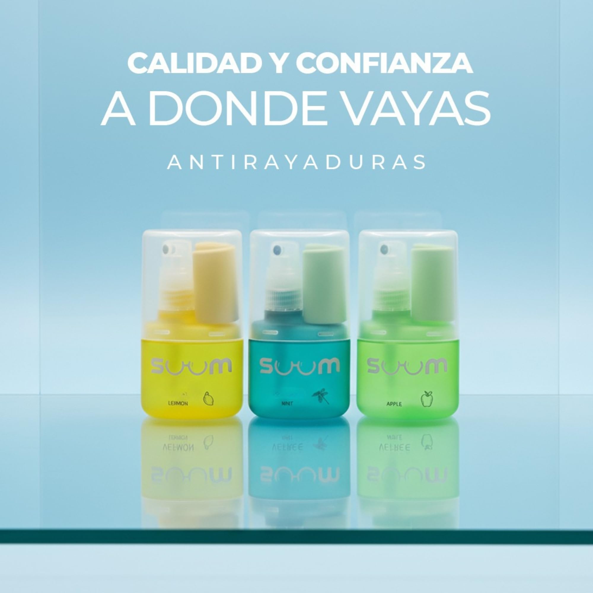 SUUM Pack 3 Spray Limpiador de Gafas con Paño de Microfibra - Spray con para Lentes Limpios y sin Vaho para Cristales y Pantallas - Limpia Gafas (Menta, Limón y Manzana)