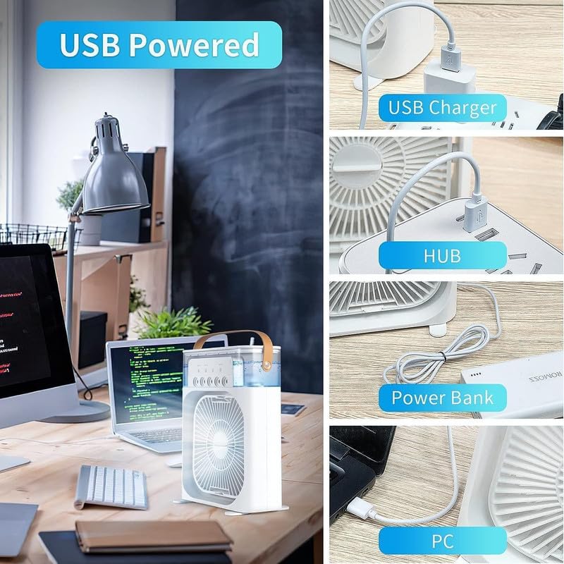 Image of USB Mini Air Conditioner & Portable Cooling Fan Personal Evaporative Air Cooler & Air Purifier with 500 ml Water Tank,LED Light,Dual Spray Fan mini pankha | Office,Home,Outdoor Use