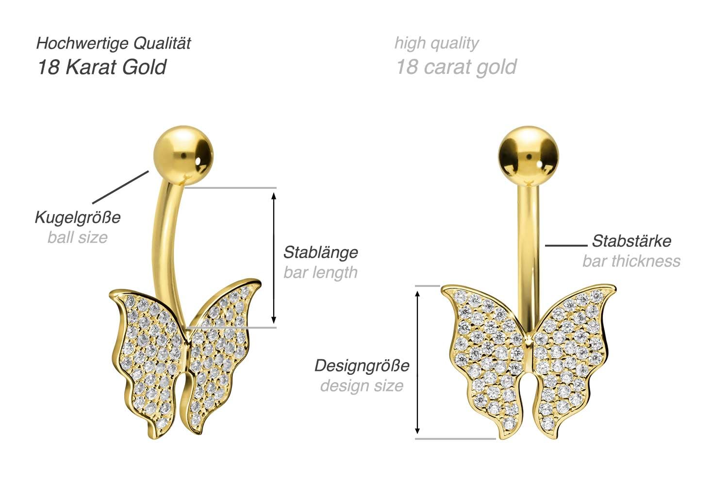PIERCINGLINE 18 Karat Gold Bauchnabelpiercing mit KRISTALLSCHMETTERLING Bananabell Piercing Gelbgold