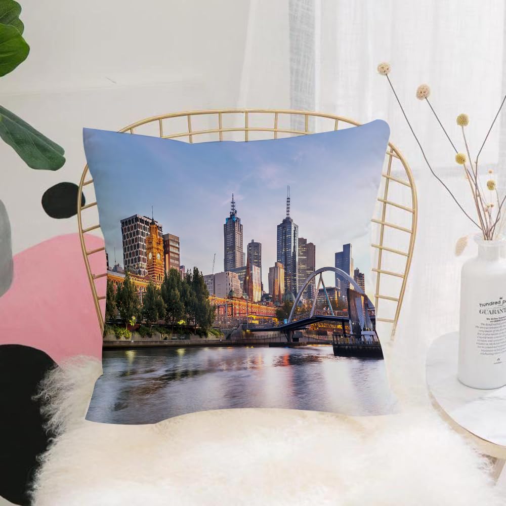 HYMSXW Cushion Cover,Throw Pillow Case Home Decorative for Living Room Bedroom Sofa Chair 20X20 Inch,City,Early Morning Scenery in Melbourne Australia Famous Yarra River Scenic,Ora,Pillowcase 50X50cm