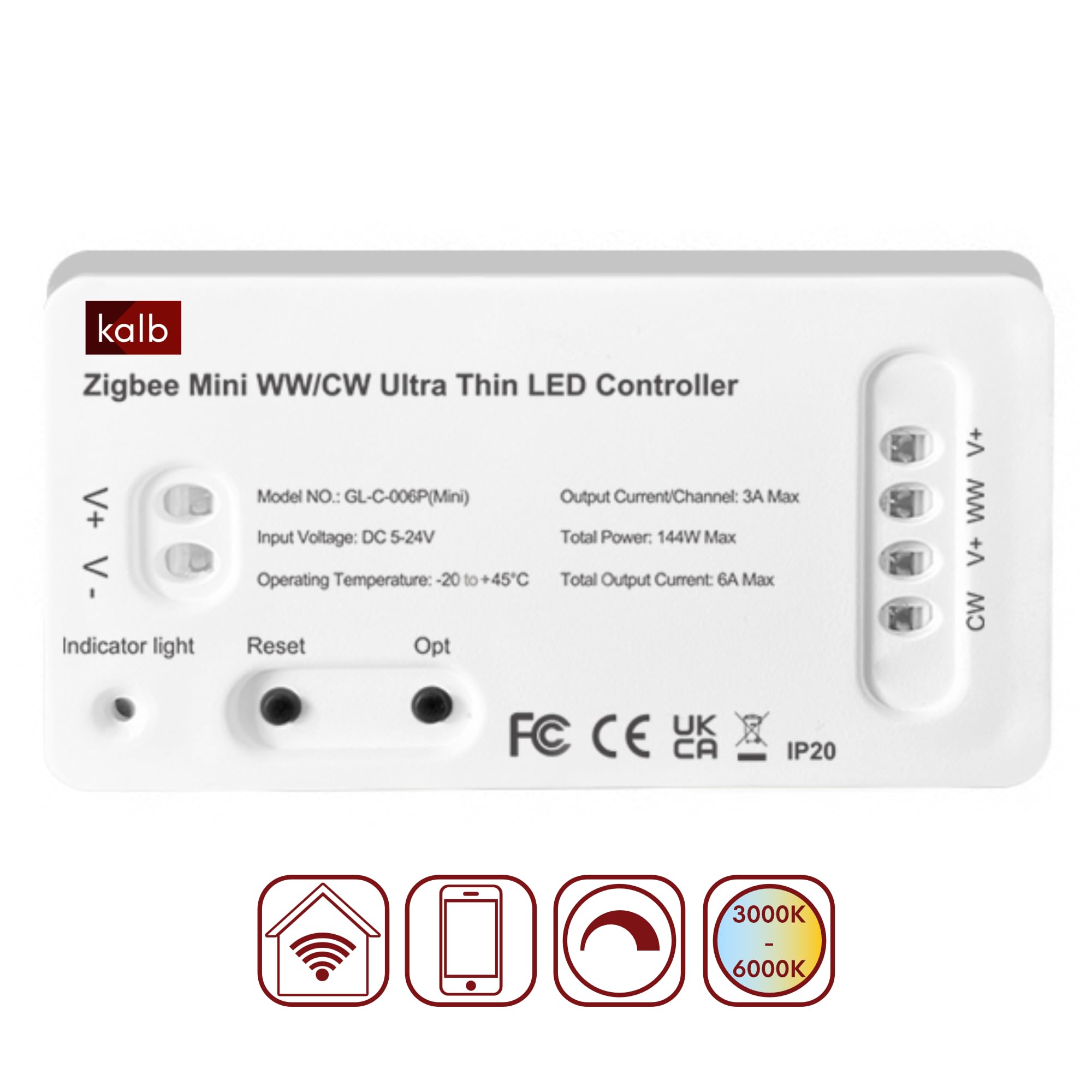 Kalb | Zigbee Controller + mando a distancia de 4 canales para sistemas LED de 12/24 VDC CCT cambio de color, regulable, Smart Home 2,4 GHz