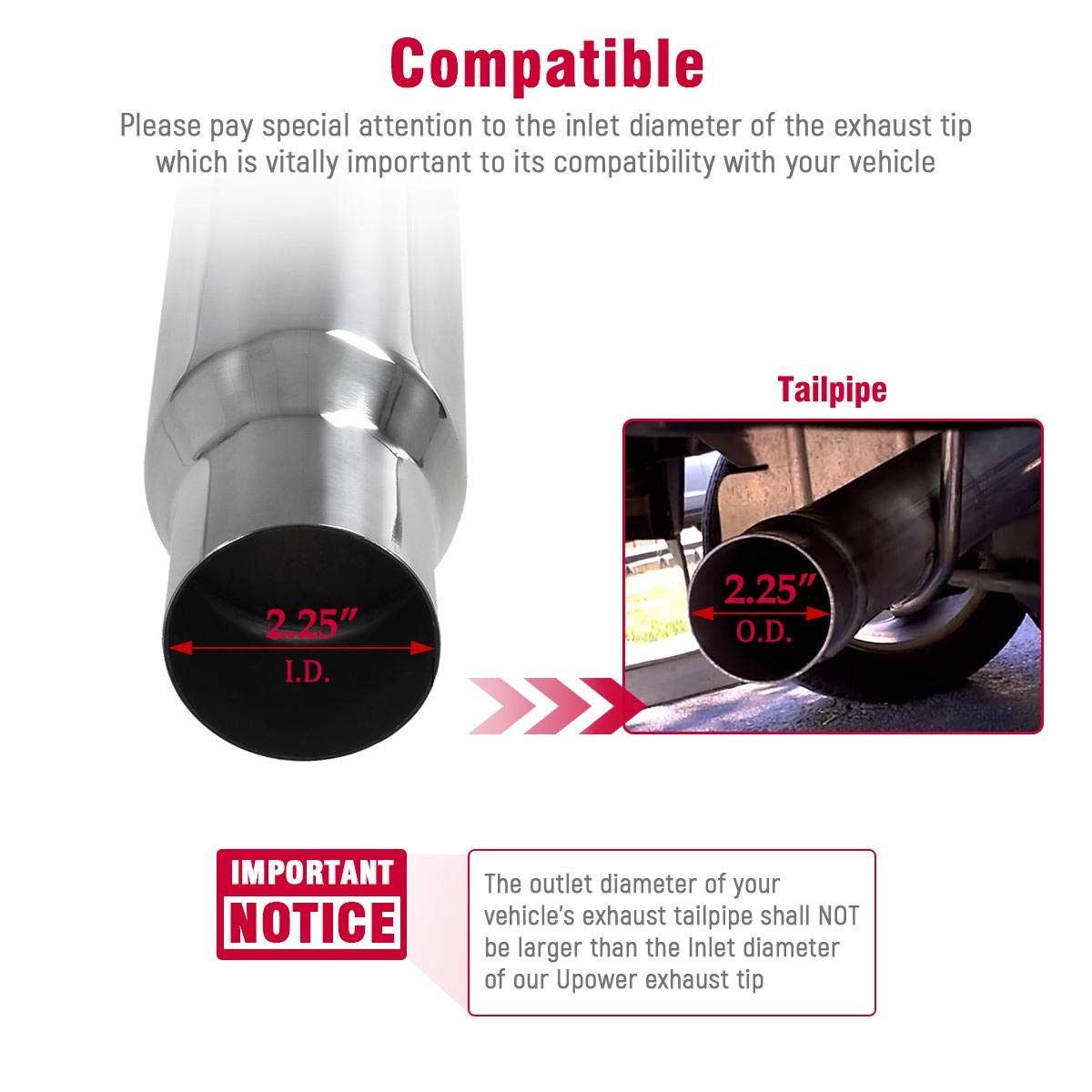 DC Sports Universal Round Muffler - 2.25" Inlet, 3.25" Slant Cut Tip, Stainless Steel, Bolt-On Design