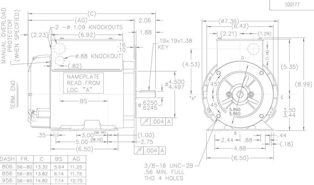 Marathon K319 56HC Frame Totally Enclosed Fan Cooled 56B17F5319 General Purpose Motor, 2 hp, 1800 RPM, 115/230 VAC, 1 Phase, 1 Speed, Ball Bearing, C-Face, Capacitor Start