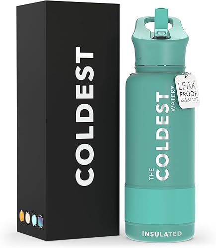 Miniatura 37 de Coldest - Botella de agua deportiva con tapa con popote y asa, a prueba de fugas, de acero inoxidable con aislamiento al vacío de doble pared,