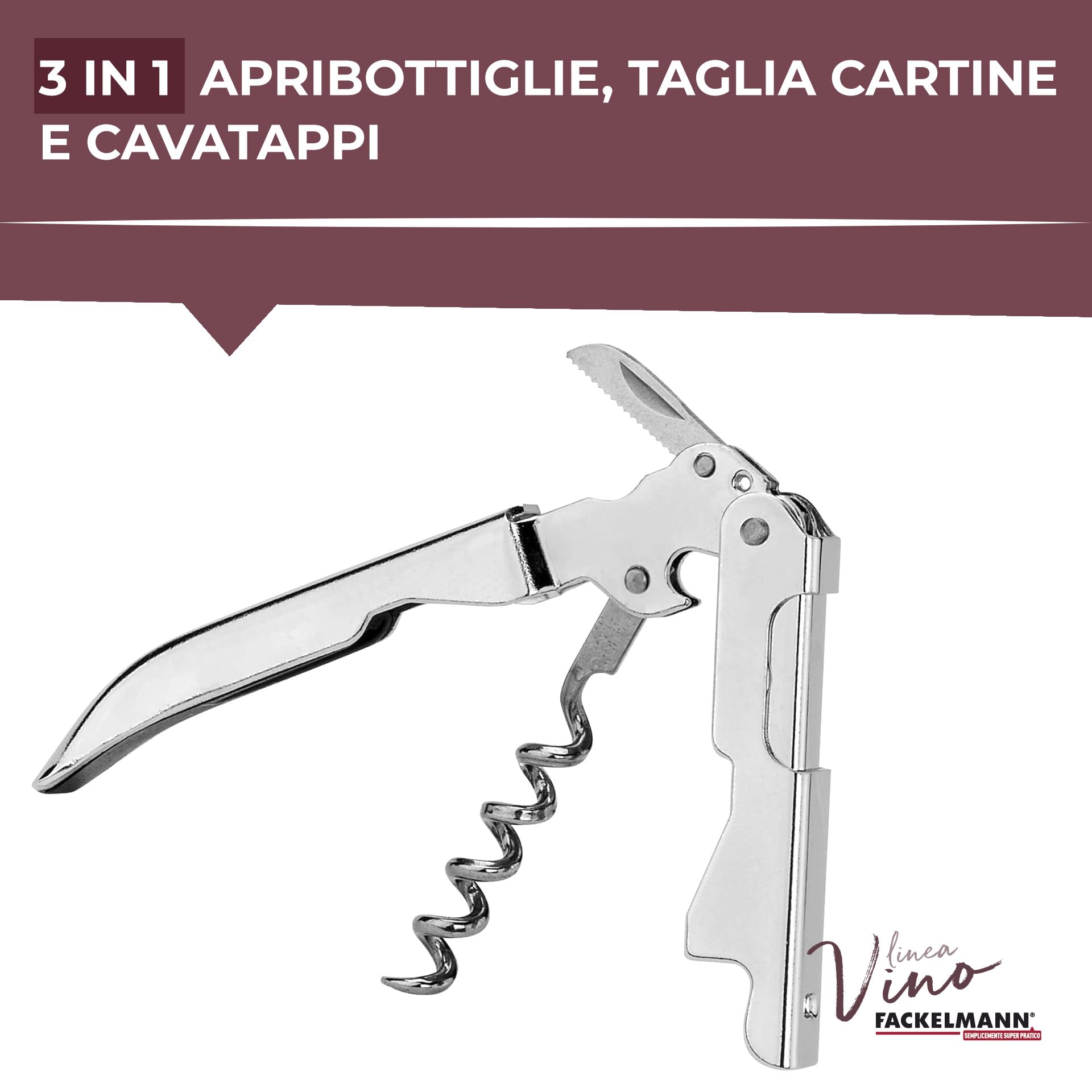 Fackelmann Super Cavatappi Sommelier con Lama Taglia Capsule, Acciaio Inox, Argento
