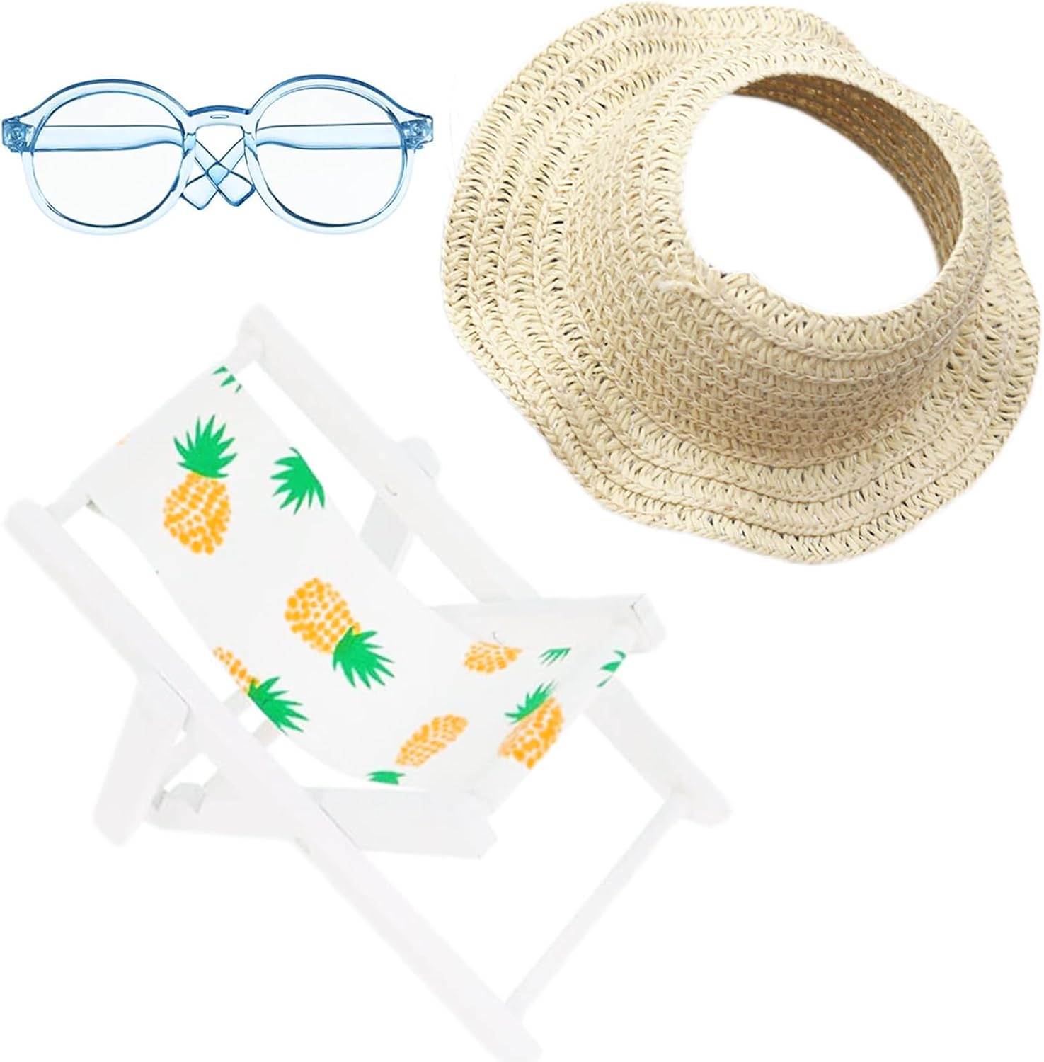 Accessories Set for 17cm Doll,Miniature Beach Sun Hat/Sunglasses/Wooden Folding Beach Chairs Compatible with Labubu 15cm/17cm Dolls,No Doll