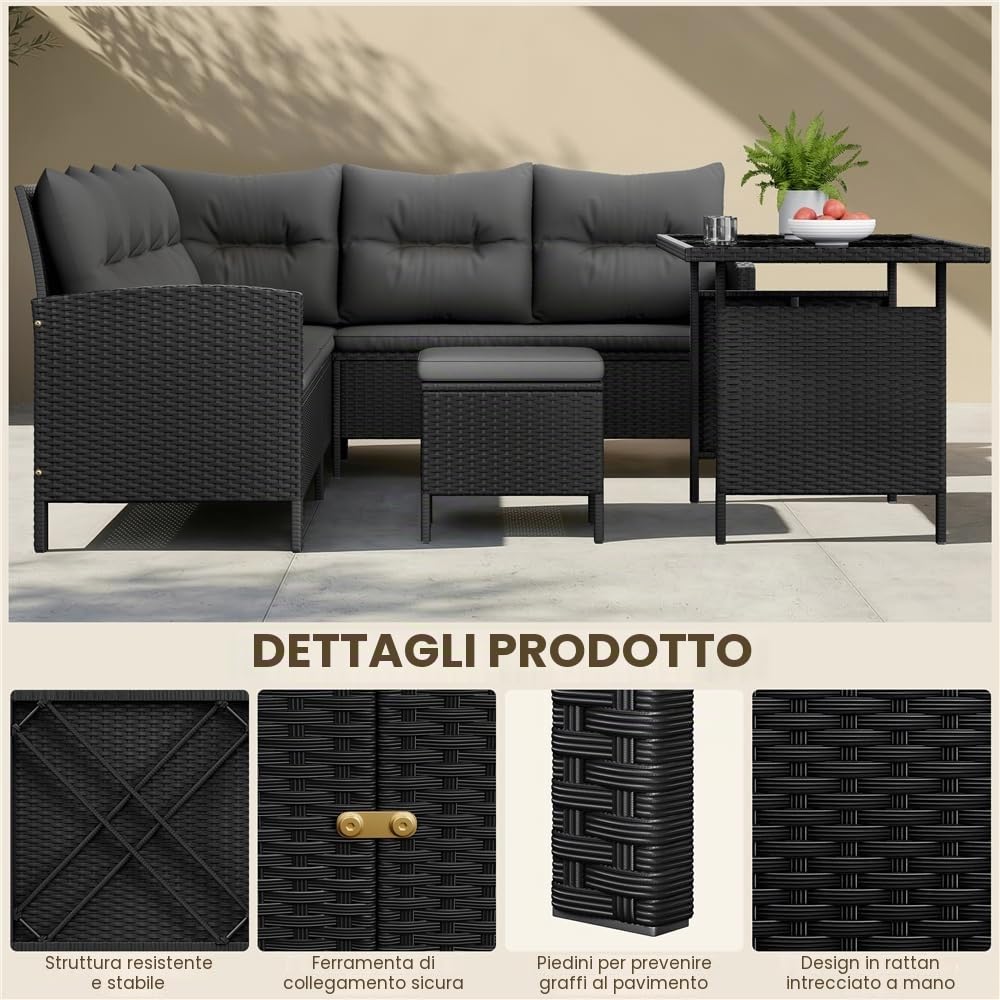 Yaheetech Set Mobili da Giardino in Rattan PE con 1 Divano ad Angolo 1 Tavolo 2 Pouf, Mobili Esterni 7 Posti con Cuscini per Patio Balcone Terrazza, Nero e Grigio