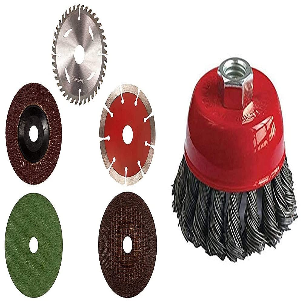 YUV'S 4 Inch Angle Grinder with Cup Brush, Set of 5 Alloy Steel Medium Grit Wheels/Discs for Cutting Wood/Metal