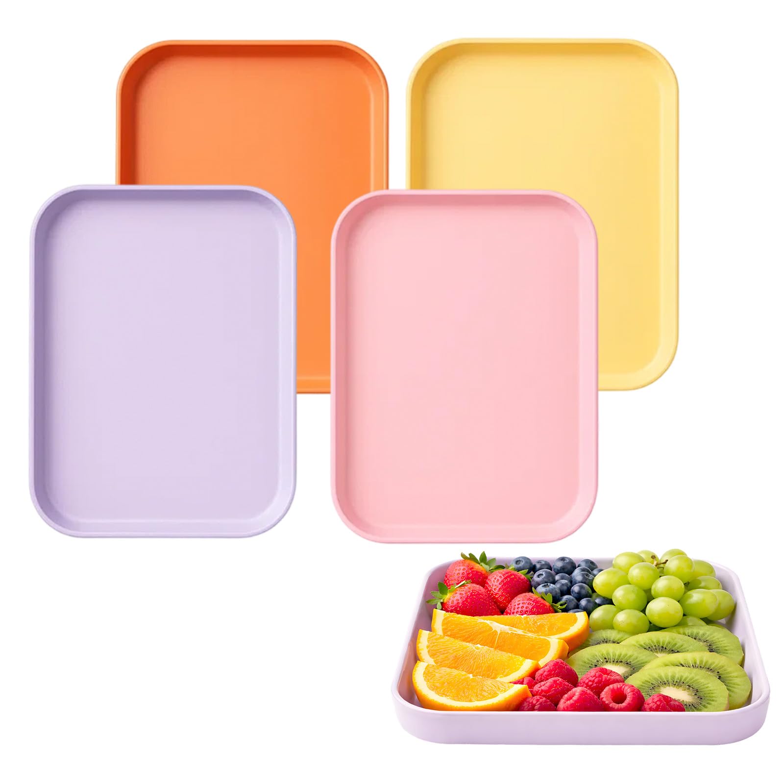 4 PCS Plastic Serving Trays, Small Tray,Colourful Non-Slip Trays for Kitchen, Cafe, Restaurant, Home & Office Use, 20 x 15 x 1.7 cm, Orange, Yellow, Purple, Pink, Reusable Plastic Serving Boards