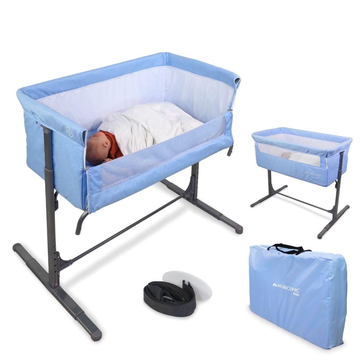 Mobiclinic®, Culla Neonato, Culla Co-Sleeping, 2 in 1, Sistema di Fissaggio del Letto, Regolabile 5 altezze, Borsa trasporto, Ruote, Rete traspirante, Base imbottita, Moon