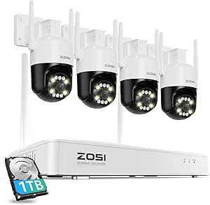 ZOSI 5MP WiFi 6 Security Camera System,4pcs 5MP Pan/Tilt Cameras Outdoor Indoor,AI Human Detection,Night Vision,Spotlight & Siren,8CH 4K WiFi Surveillance NVR with 1TB HDD for 24/7 Recording asin的图片