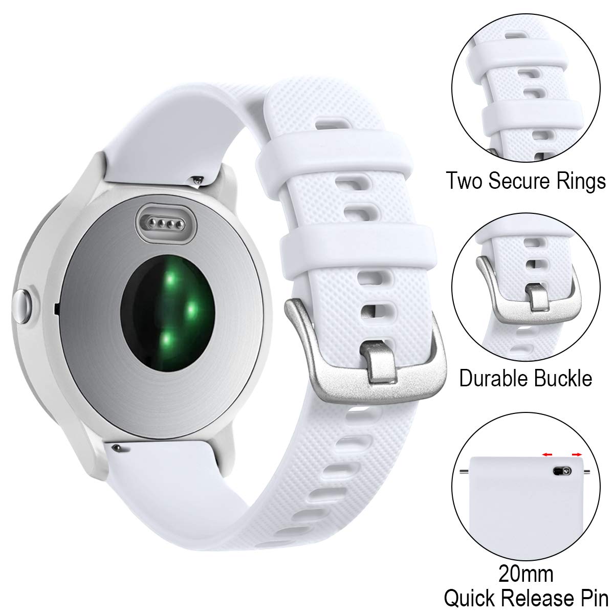 Vobafe Pasek 20 mm, kompatybilny z Garmin Vivoactive 3, miękki silikonowy pasek, zastępcza opaska do Garmin Vivoactive 3 Music / Venu / Vivomove 3 / Luxe / Style / HR / Forerunner 245 / 645 Music, biały