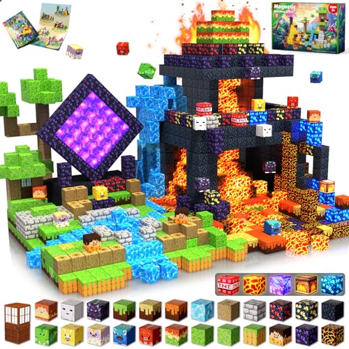 Magnetic Blocks - 300 PCS with Light Up Blocks Dinosaur Volcano Forest Castle Set - Kids Classroom...