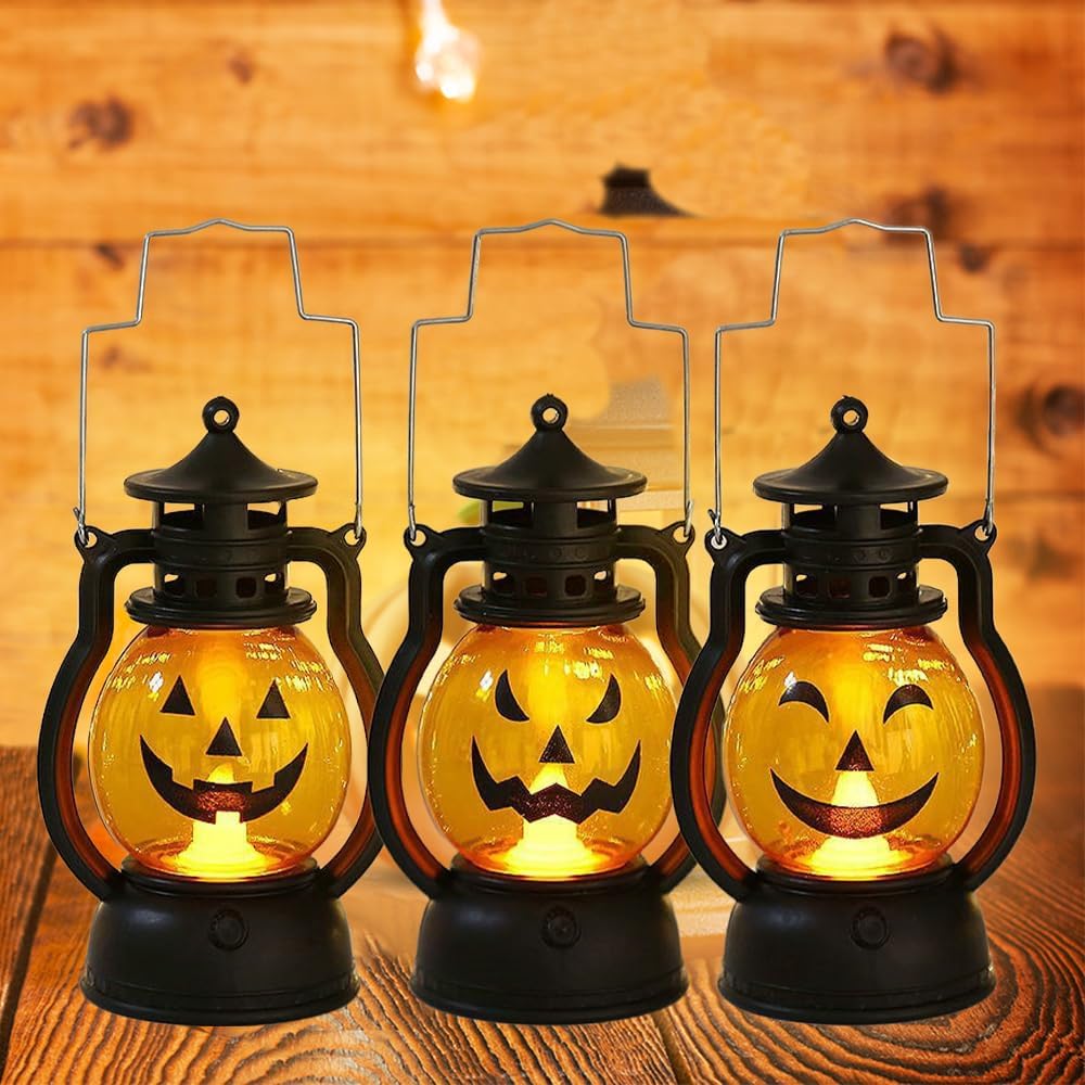 LODROC 3 Pcs Handheld Pumpkin Lights, 2024 New Halloween Pumpkin Lantern Spooky Pumpkin LED Lights, Portable Pumpkin Lamp with Flameless Candle Outdoor for Halloween Party Decoration Battery Operated