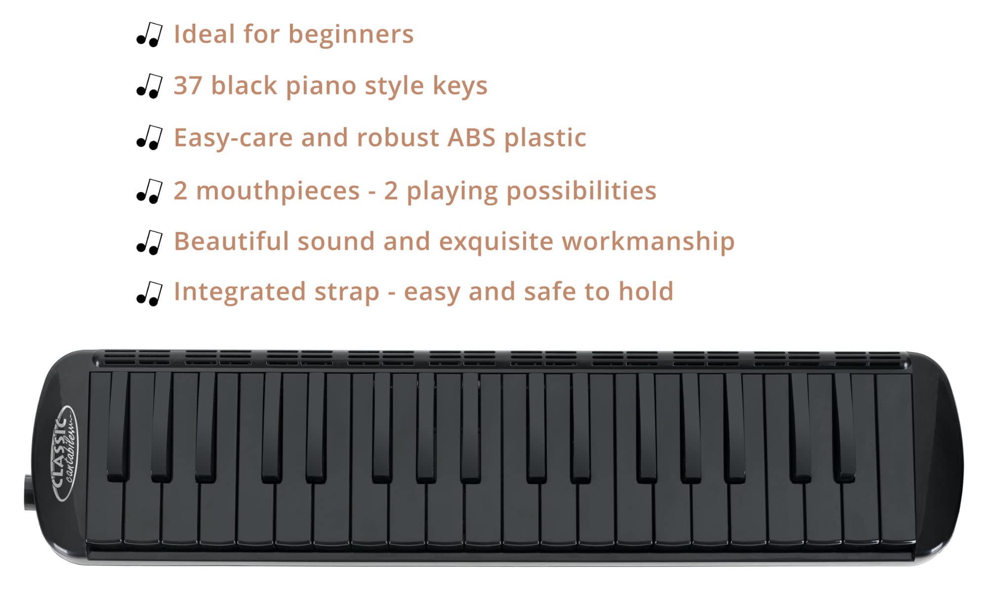 Classic Cantabile PML-37 BK Mélodica - Harmonica à vent avec 37 touches noires - Étendue : f - f³ - Avec étui, embout buccal et tuyau d'embouchure - Noir