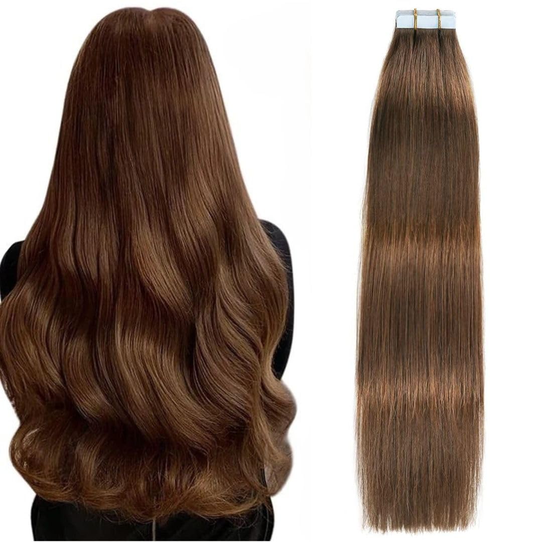 e estelle 24 Inch Nature Hair Extension Tape in,Remy Human Seamless Skin Weft Straight Nature Tape in Extensions (24in, Medium Brown)