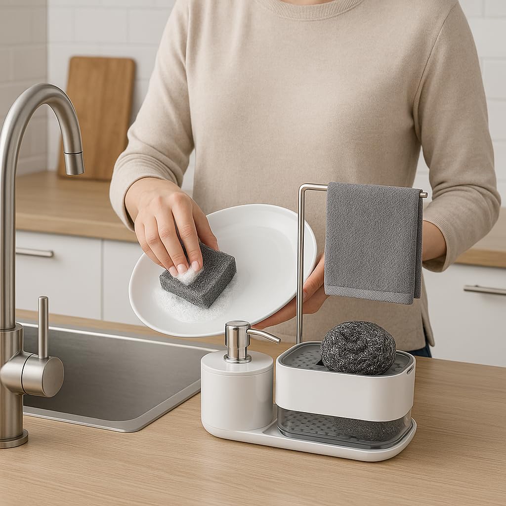 Jabonera Cocina, Organizador de Cocina con Bandeja y Soporte para Esponja y Bayeta, Detergente Recargable, Dispensador de Jabón, Porta Eponjas, Accesorios de Cocina (Blanco)
