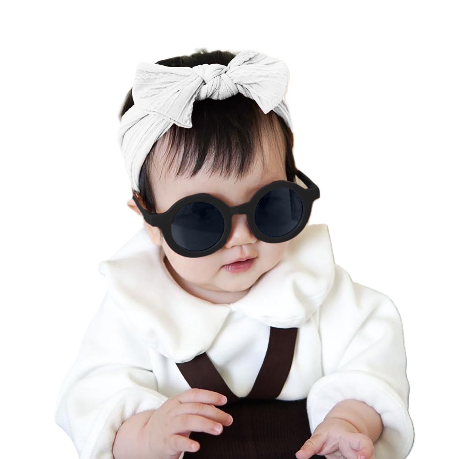 Baby Bow Jacquard Stretchable Headband With UV Protected Round Sunglasses Stylish Combo For Toddlers And Kids (White, Black Frame, Free Size)