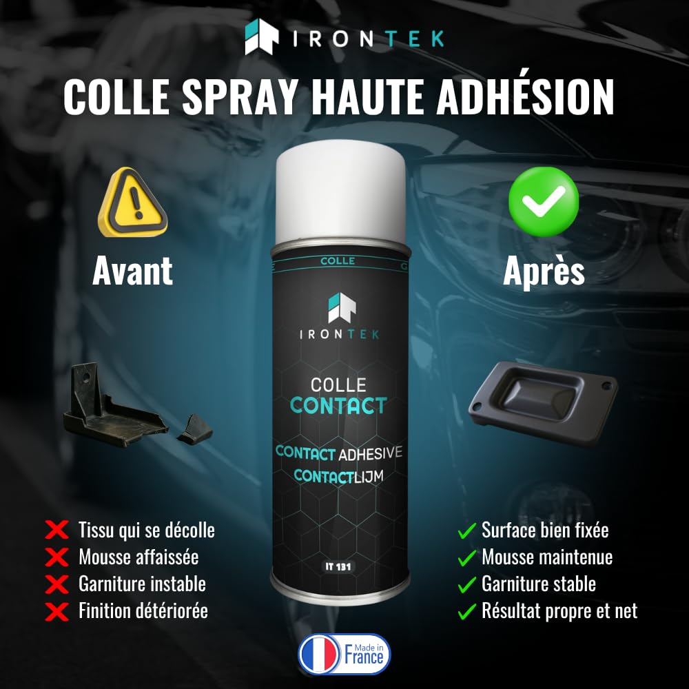 Colle Néoprène Aérosol 400ml - IRONTEK | IT131 | Haute adhérence Multi-supports Repositionnable | Séchage Express Résiste à l’eau | Réparation Tissu Mousse Isolation Plafond Voiture