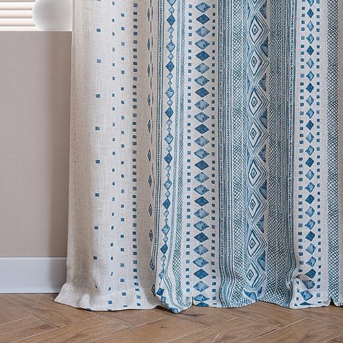 Image of MYSKY HOME Boho Curtains Semi Sheer Linen Blended Curtains 95 Inches Long for Living Room Stripe Patterned Farmhouse Curtains Light Filtering Privacy Back Tab Drapes, 50'' Wide, Blue, 2 Panels