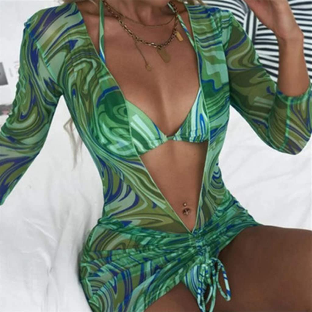 Conjunto Sexy Traje de baño con Cuello en V Profundo Ropa de Playa Estampado de Manga Larga Conjunto de Bikini de Vendaje de Tres Piezas Cubierta (Color : Red, Size : L) (Green S)