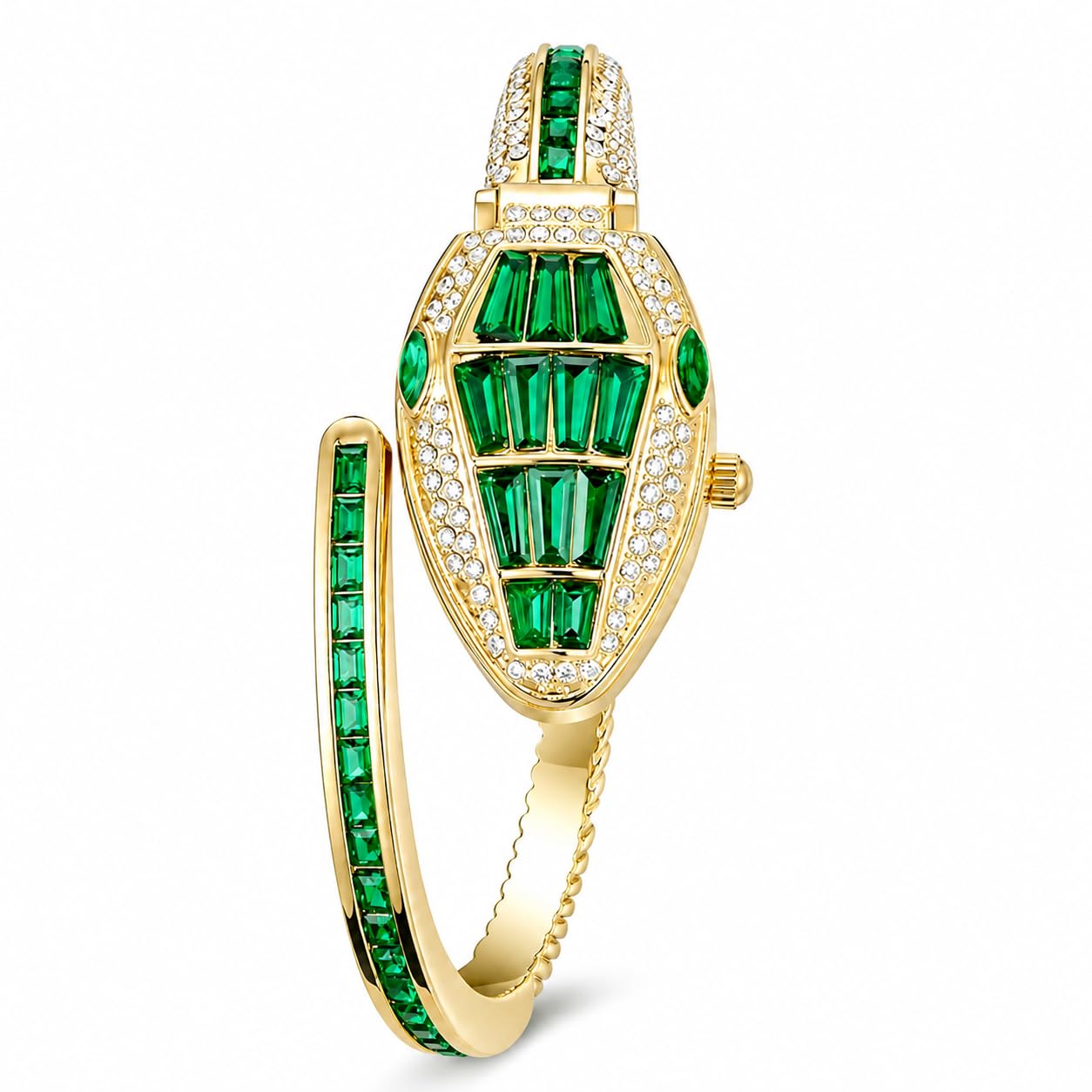 Snake Bangle Bracelet Watch for Women, Gold-Tone Green Crystal-image-49