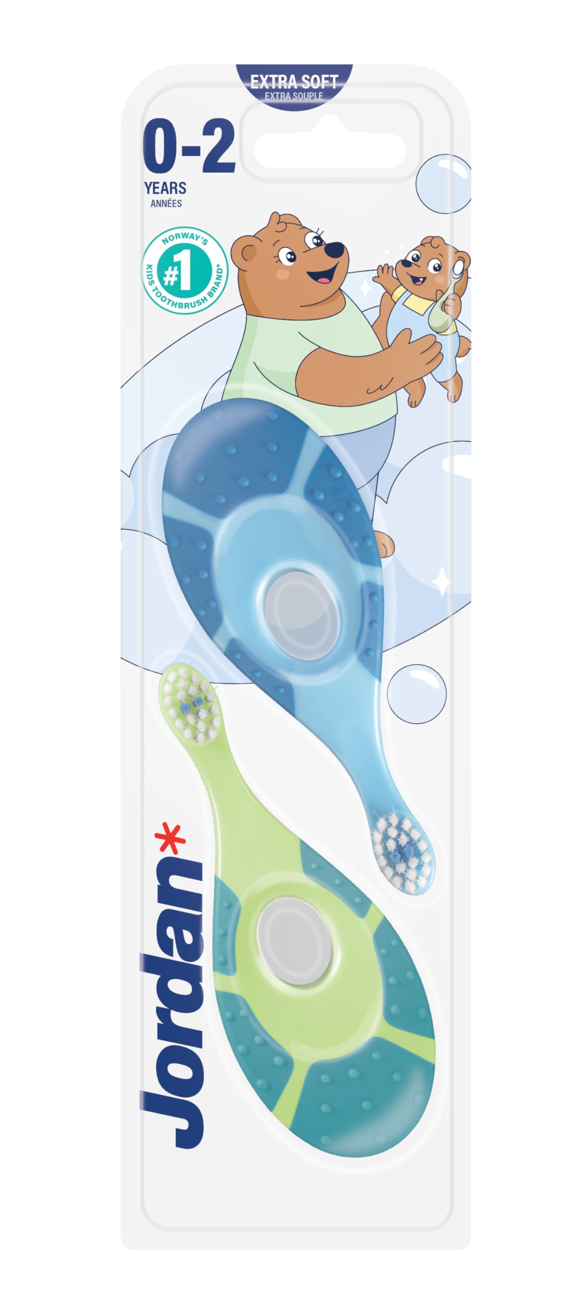 Jordan ® | Step 1 | Cepillo de dientes para bebé 0-2 años | Original con cerdas extra suaves, anillo de mordida suave para encías y fácil agarre | Pack 2 Unidades | Multicolor