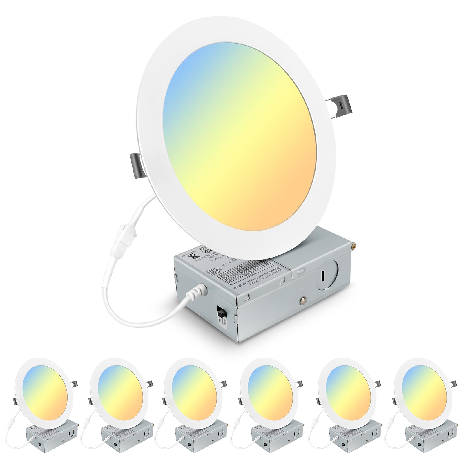 Elaruslux 6 Pack 7 Inch 3CCT Ultra-Thin LED Recessed Light with Junction Box 18W 1600LM Brightness Pot Lights, 3000K/4500K/6000K Selectable & Dimmable Ceiling Lights(6Pack)