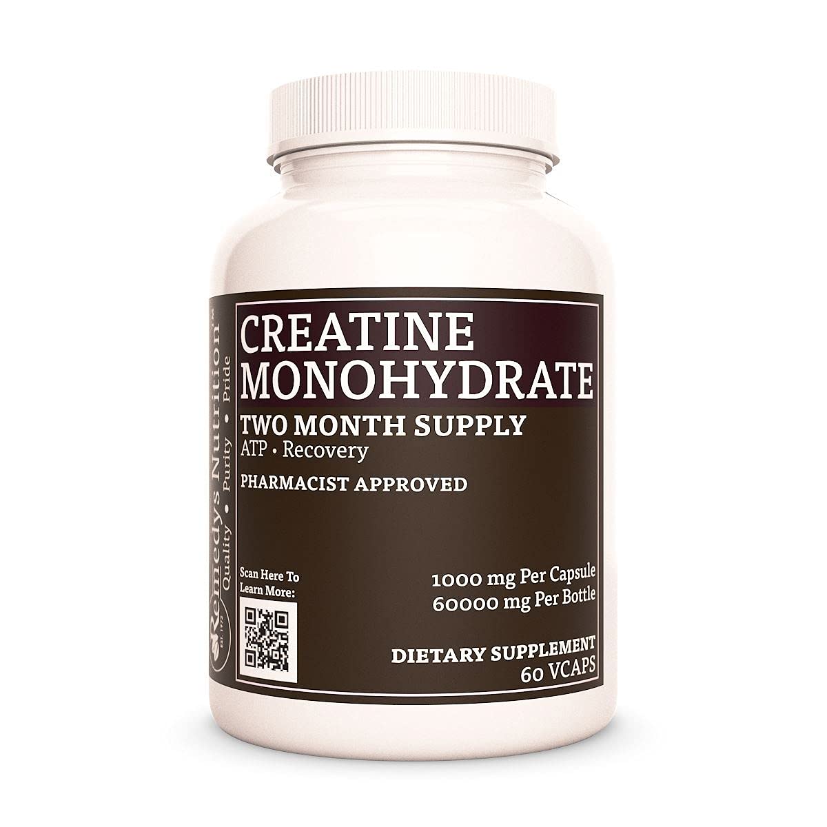 Creatine Monohydrate Remedy's Nutrition MEGA Strength 1,000 mg per Capsule/60,000 mg per Bottle Vegan
