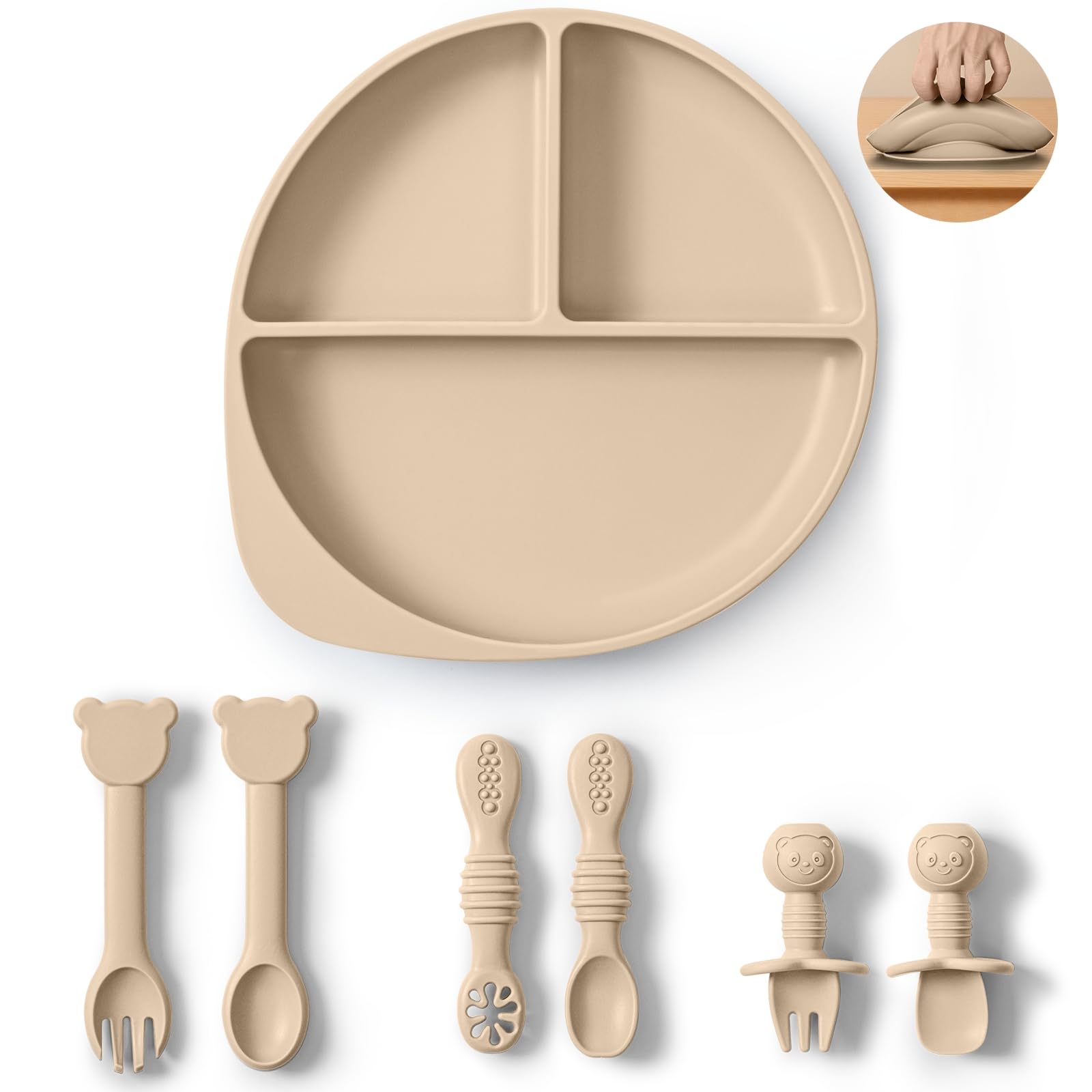 Juego de platos y utensilios de alimentación de silicona para bebés, niños pequeños, tenedores y cucharas para bebés, platos para bebés con succión, cucharas para bebés, autoalimentación, elementos esenciales de alimentación para bebés de 6 meses, beige